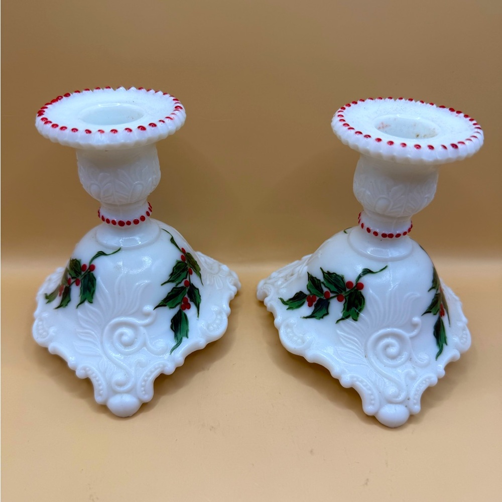 Westmorland Hand Painted Holly Vintage Milk Glass Candle Stick Holders